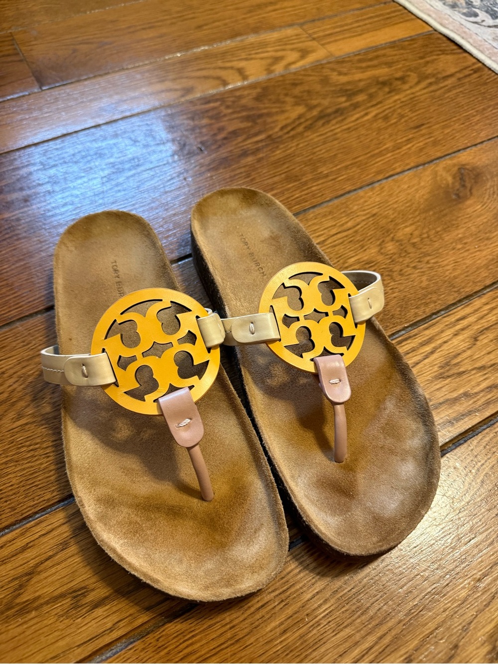 Tory Burch Yellow and Tan Thong Sandals with Gold Logo